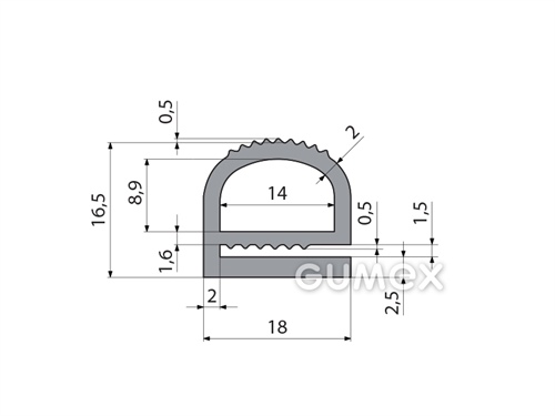 Silikónový profil tvaru "e" s dutinkou a výstupkami, 17x18/1,5mm, 60°ShA, -60°C/+180°C, antracitový